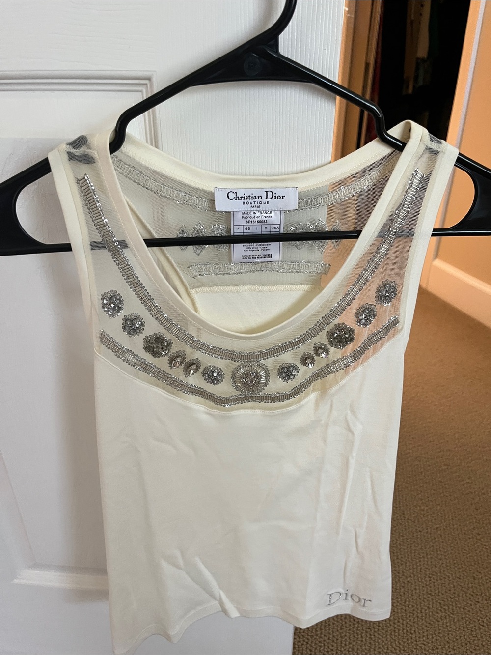 Dior Cream Embellished Mesh Yoke Camisole
